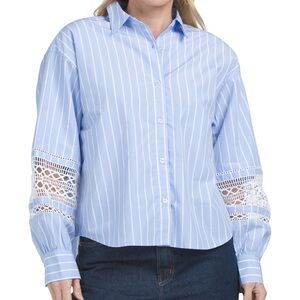 French Connection Blue Striped Women's Top with Lace Sleeves